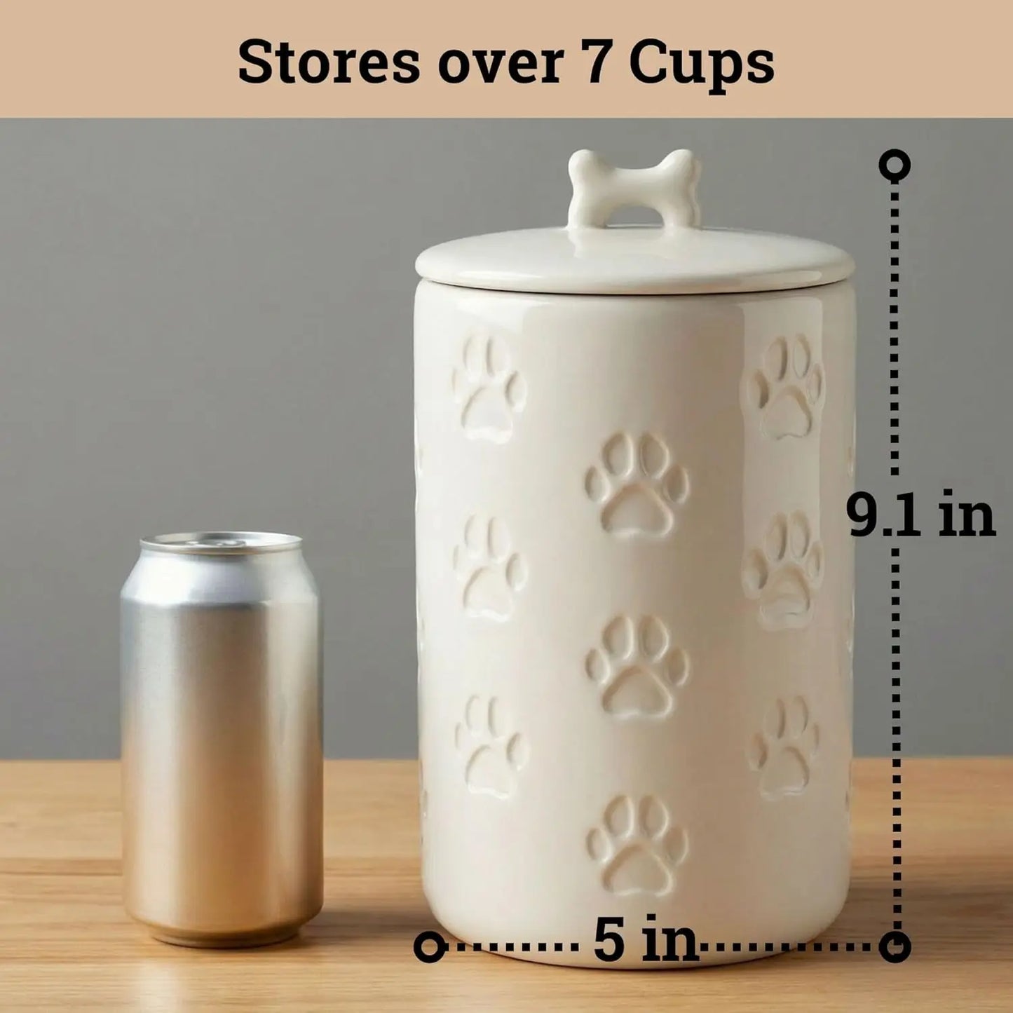 Tarro Hermético para Premios de Perro, Bote de Cerámica de 5x9 Pulgadas con Tapa, Capacidad de 7 Tazas para Encimera de Cocina