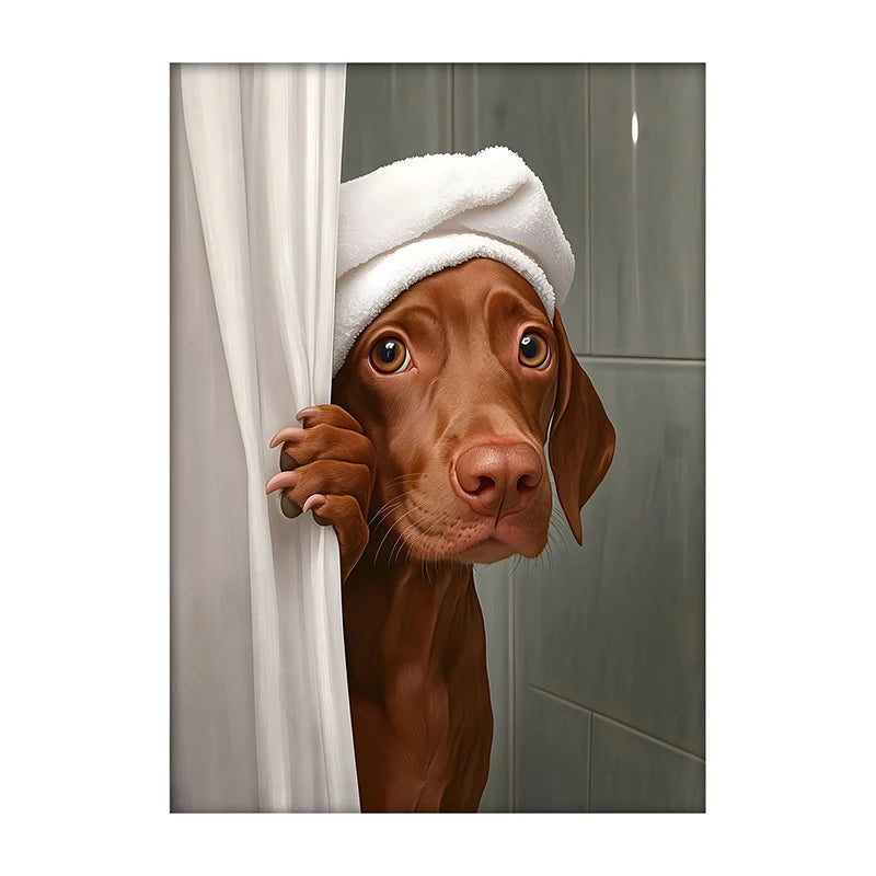 Cute Shower Dog Bathroom Decor Poster Dog in Bathtub Print Animal Murals Canvas Painting for Home Decor Dog Lover Gifts