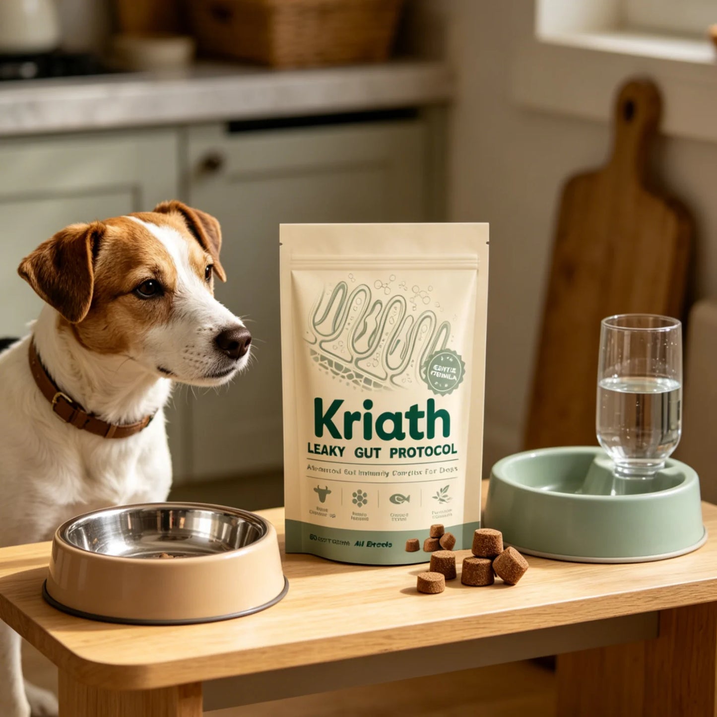 Suplemento Kriath Daily Gut Care Alivia o desconforto gastrointestinal Cabelos macios e sedosos Protege a saúde Probiótico em soft chew para cães