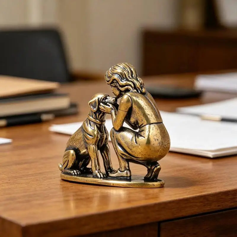 Brass Girl and Dog Statue Small Creative Retro Ornament Solid Brass Decor for Home Office Desk Shelf Display Happy Tails Pet Shop