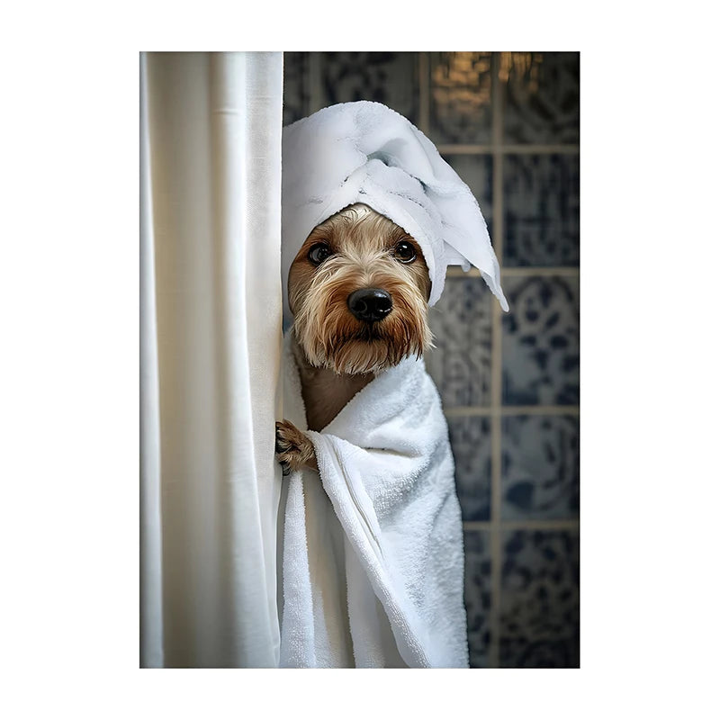 Cute Shower Dog Bathroom Decor Poster Dog in Bathtub Print Animal Murals Canvas Painting for Home Decor Dog Lover Gifts