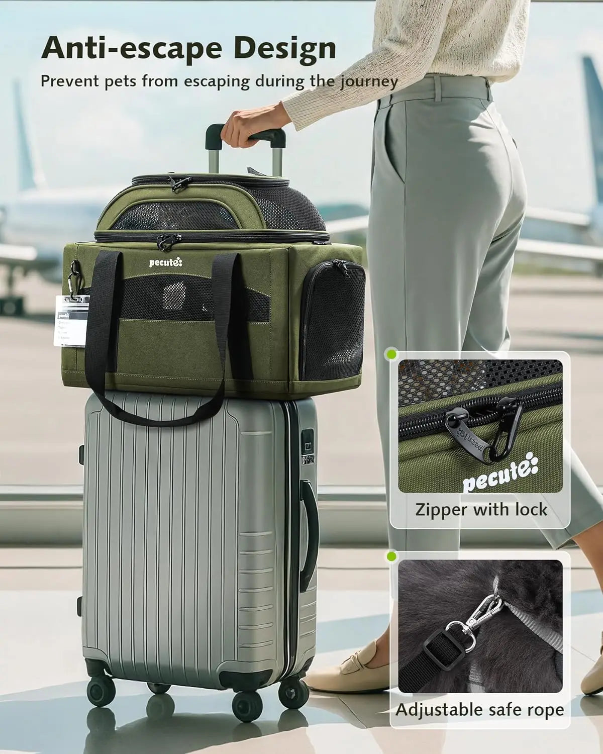 Expandable Airline-Approved Pet Carrier for Small Dogs and Cats, Breathable Soft-Sided with Locking Zippers, Leakproof Pee Pad