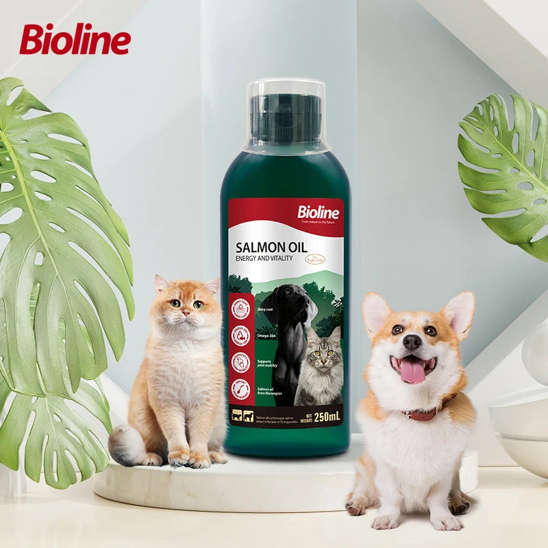 Bioline 250ml SALMON OIL Fish Oil for Dogs & Cats Omega 3 Fatty Acids EPA & DHA for Pets Sensitive Skin Coat Health 8.45 oz