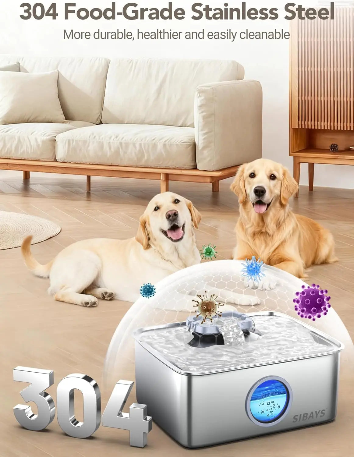 Fuente de agua grande para perros de acero inoxidable de 4 galones/15 litros con luz LED, dispensador automático silencioso para hogares con varias mascotas, fácil de limpiar