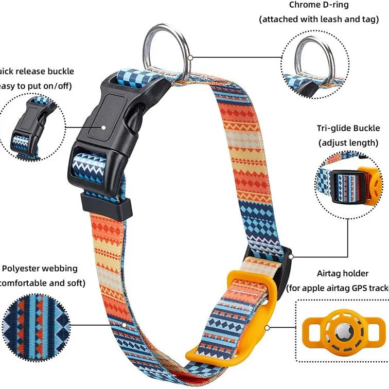 Digital Print Pet Collar with AirTag Holder,Compatible with Apple AirTag, Adjustable Anti-Lost GPS Tracking Collar for Cats Dogs