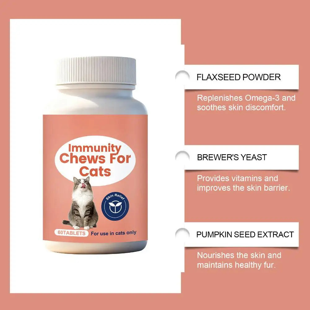 60 Comprimidos Mastigáveis Suplementos para Imunidade de Gatos para Saúde da Pele Fortalecimento do Sistema Imunológico Suplementos Nutricionais para Animais de Estimação Adultos
