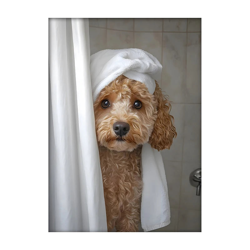 Cute Shower Dog Bathroom Decor Poster Dog in Bathtub Print Animal Murals Canvas Painting for Home Decor Dog Lover Gifts