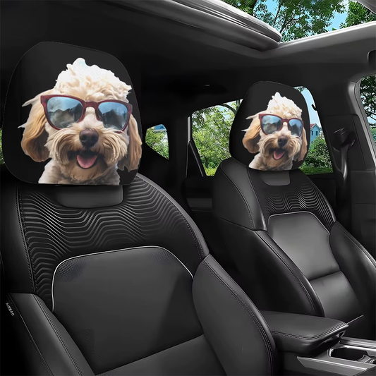 2pcs Cool Fashion Glasses Cute Pet Dog Print Car Headrest Covers, Car Interior Decoration, Elastic Design, No Filling Material,