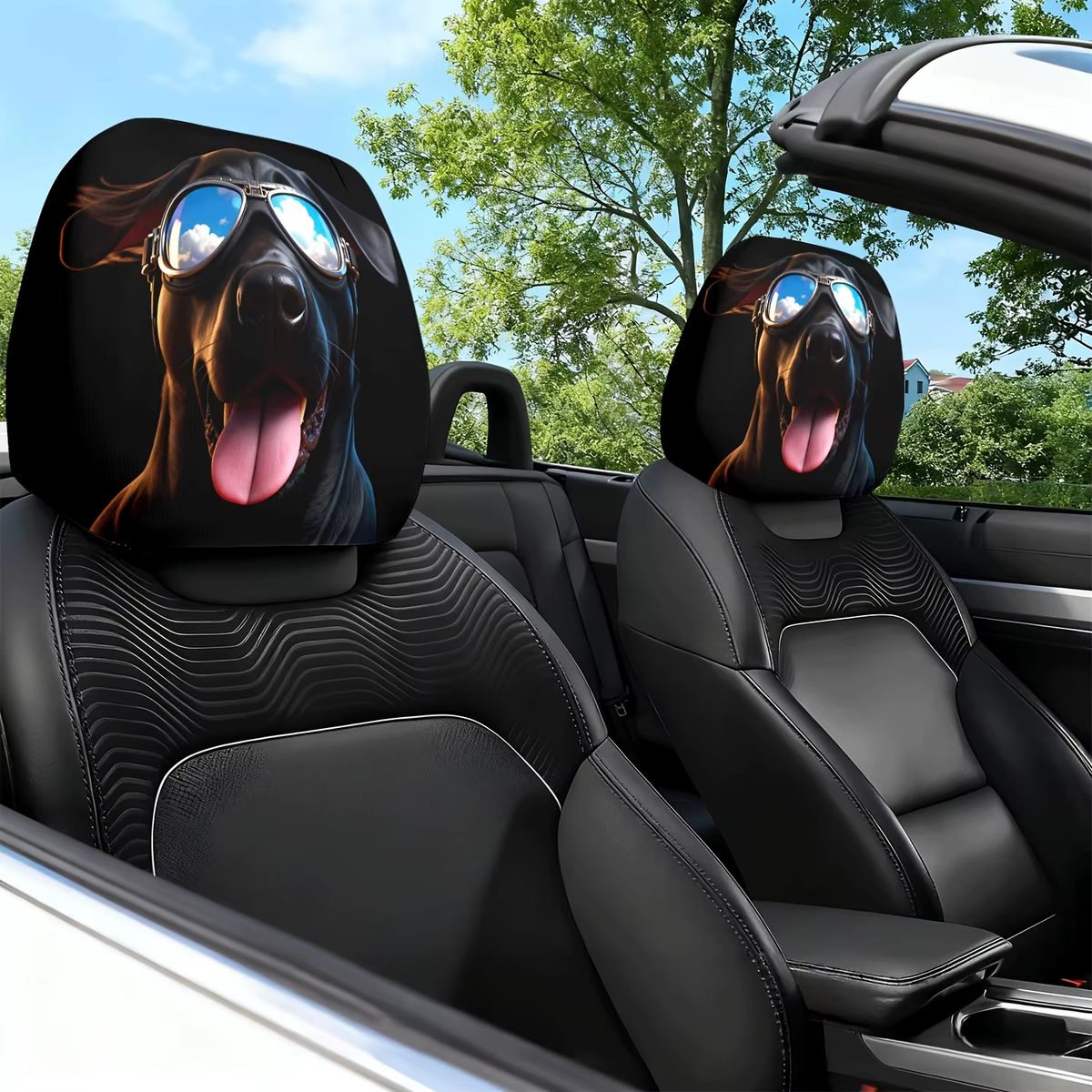 2pcs Car Headrest Cover with Dog Glasses Theme Print Car Seat Headrest Neck Pillow Cover - with Cute Design - Car Interior Cushion